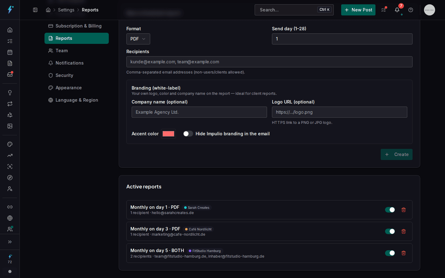 Report editor with white-label branding and active client reports