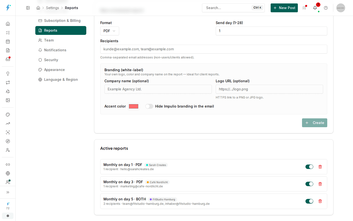 Report editor with white-label branding and active client reports
