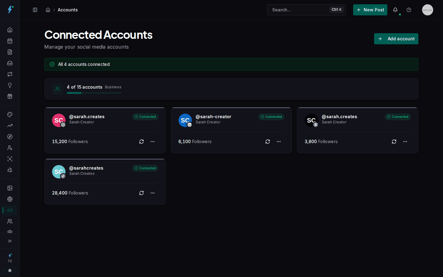 Connected social media accounts in Impulio with follower counts