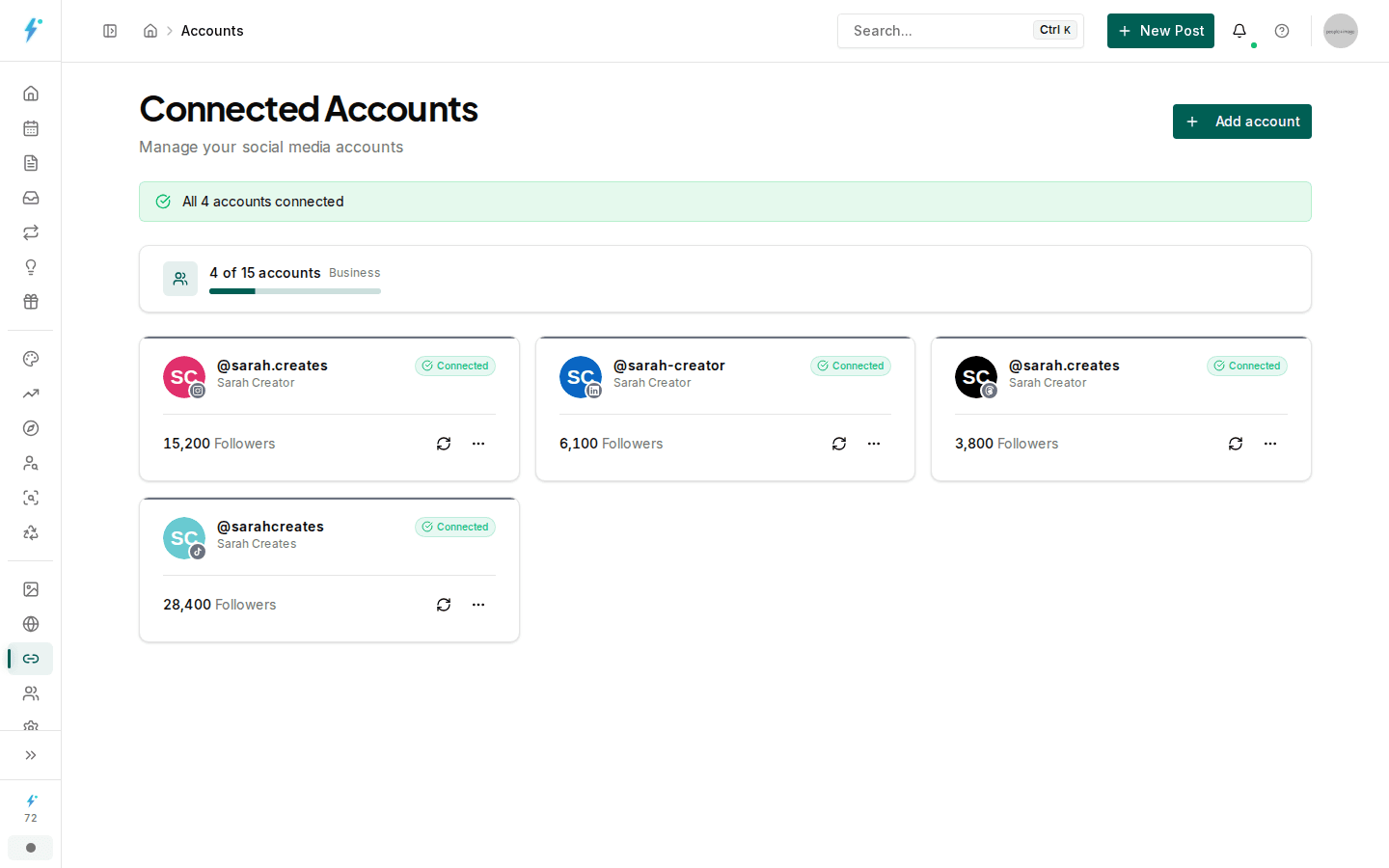 Connected social media accounts in Impulio with follower counts