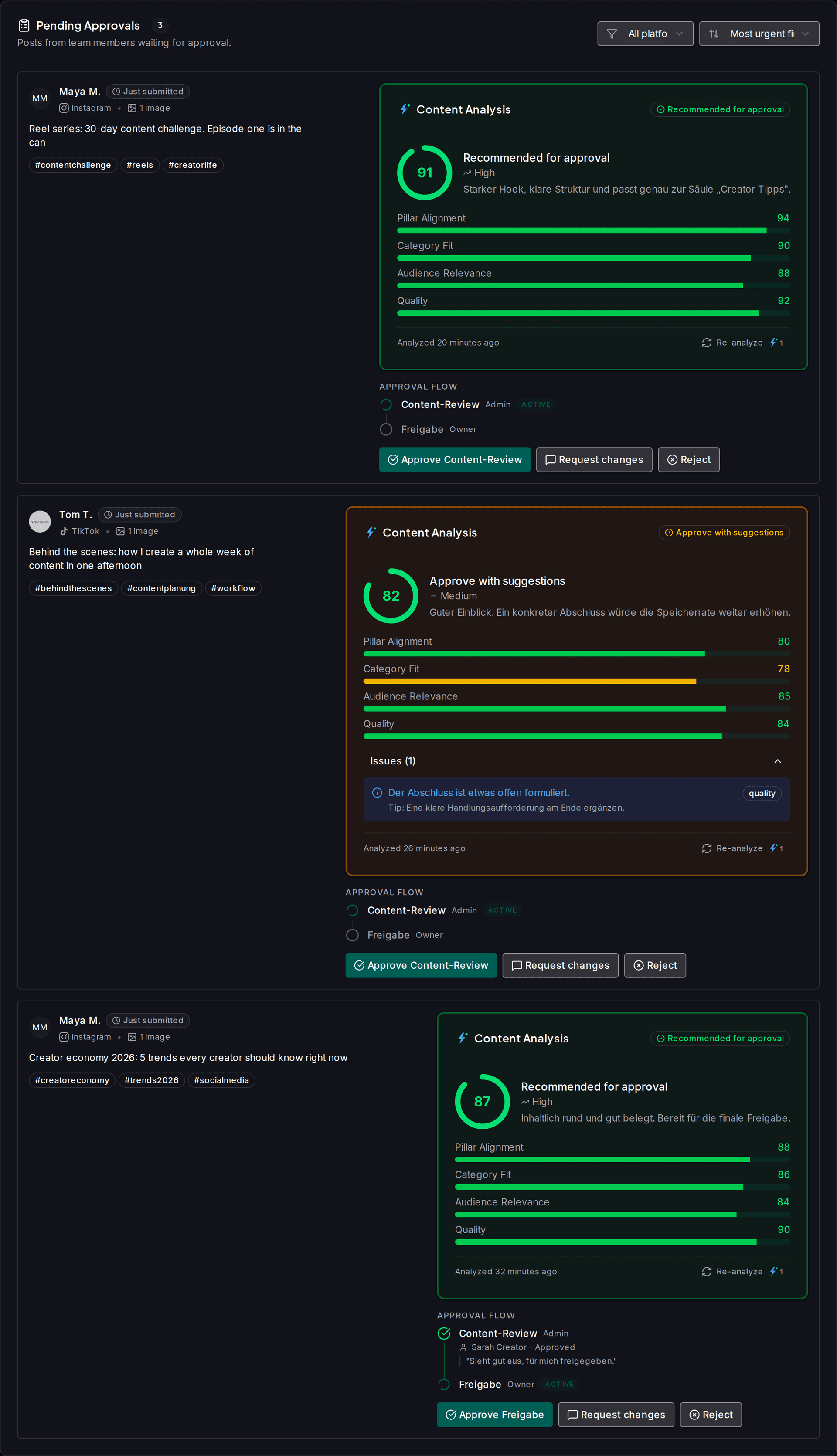 Approval queue with a multi-stage approval flow and content check
