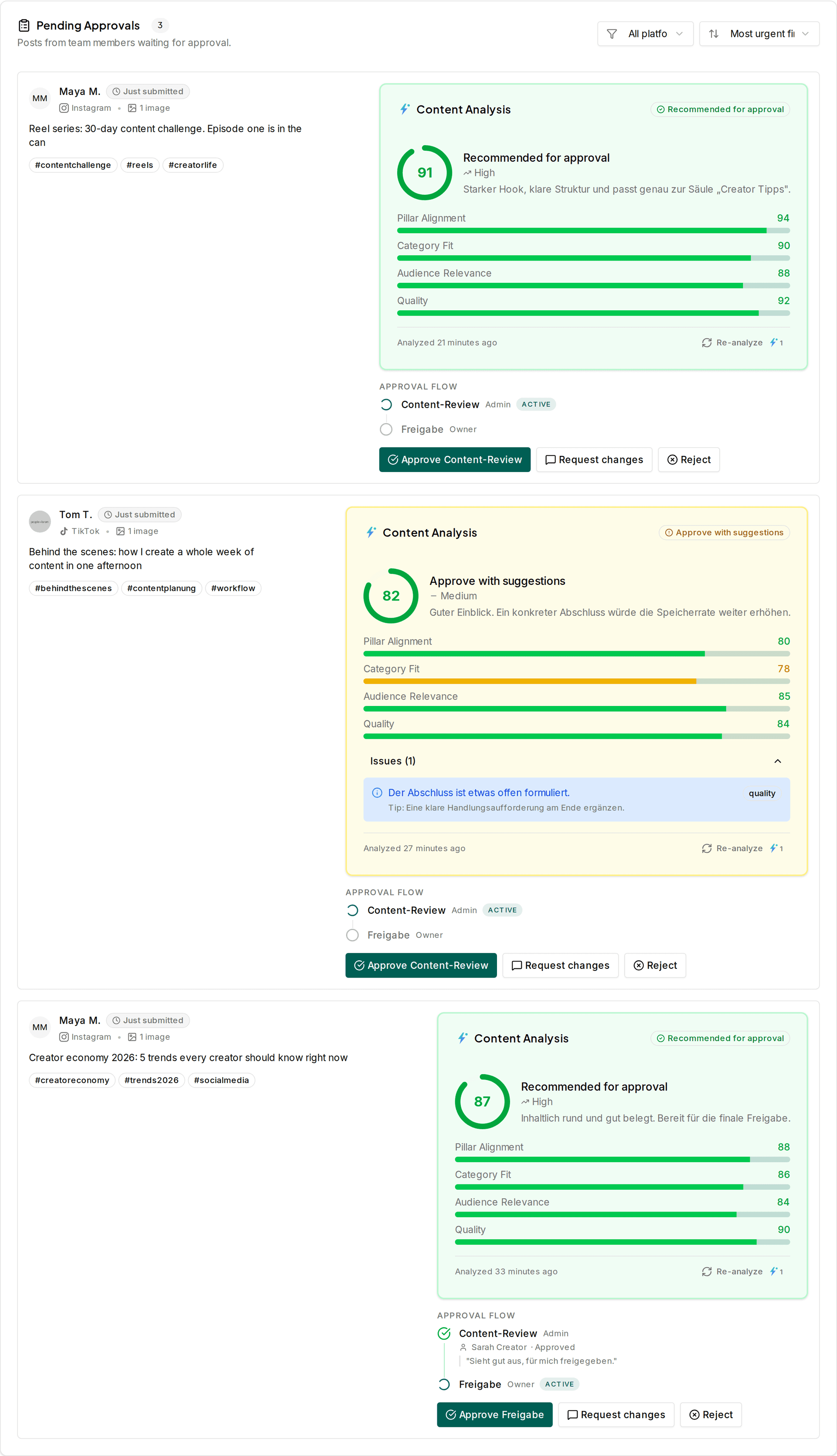 Approval queue with a multi-stage approval flow and content check