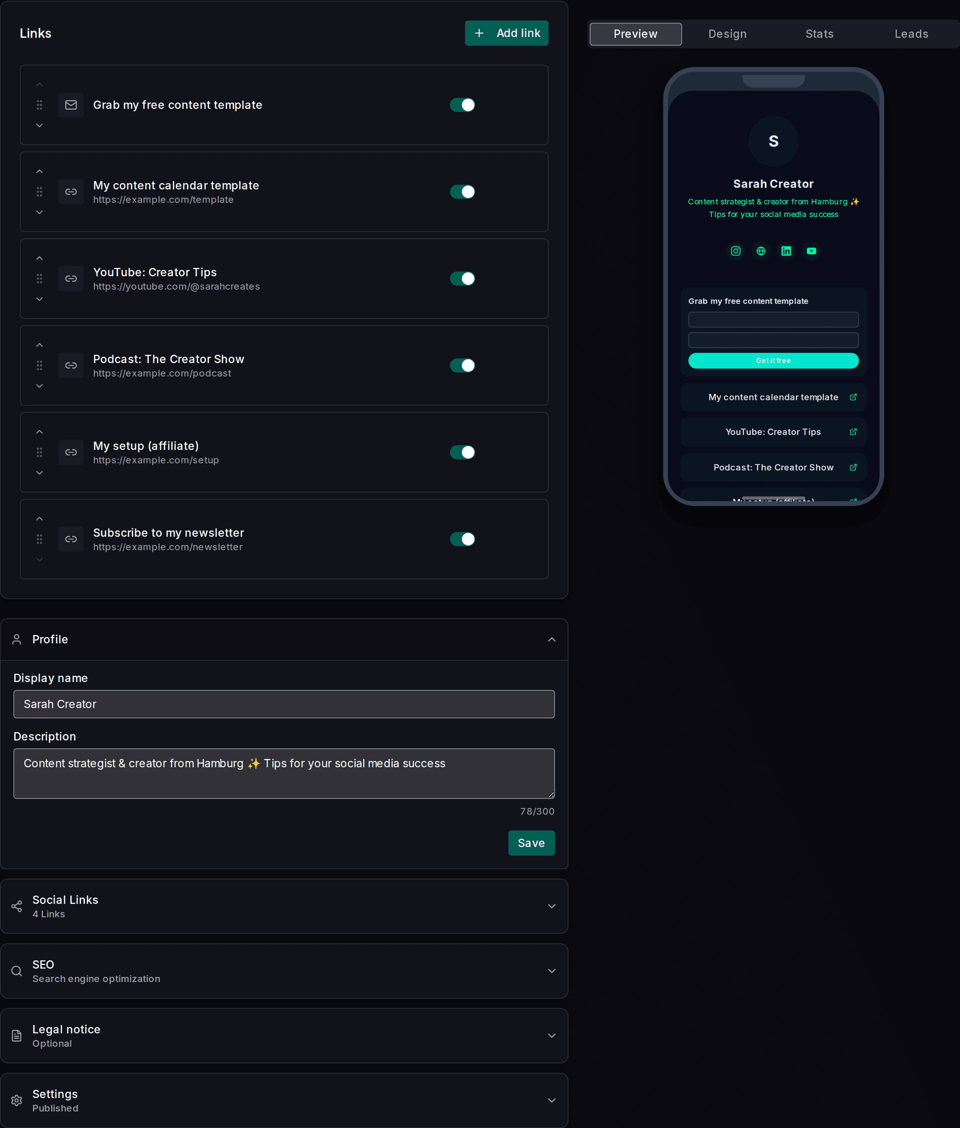Link-in-Bio: Your hub on impul.io