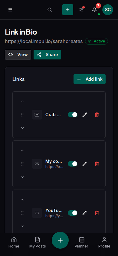 Link-in-Bio editor with design customisation and preview