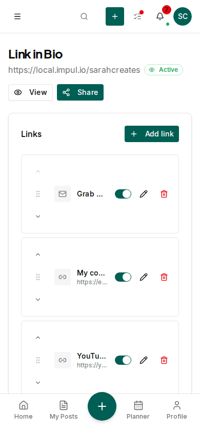 Link-in-Bio editor with design customisation and preview