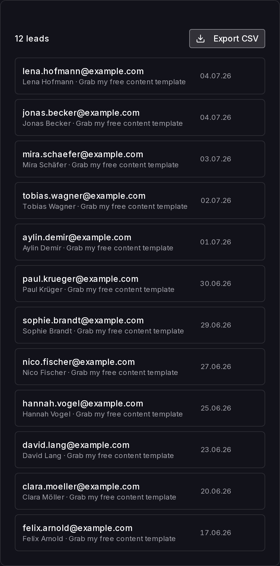 Link-in-Bio editor with lead capture and collected leads