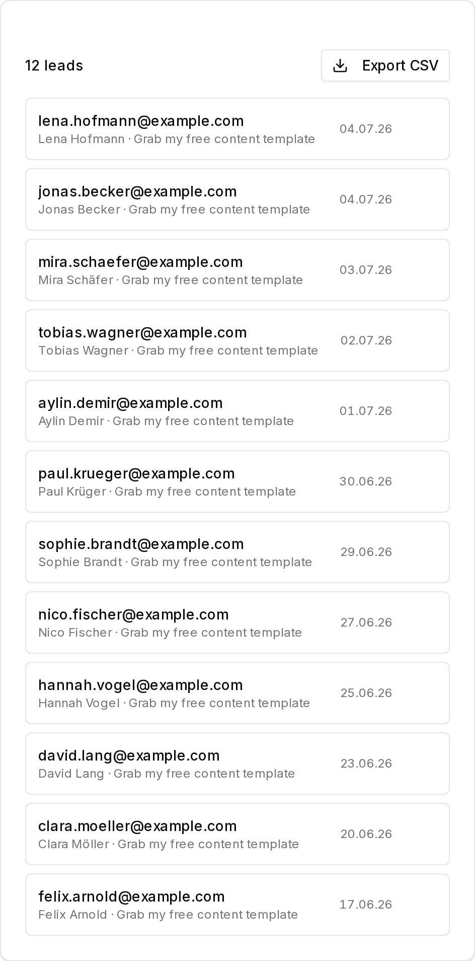 Link-in-Bio editor with lead capture and collected leads