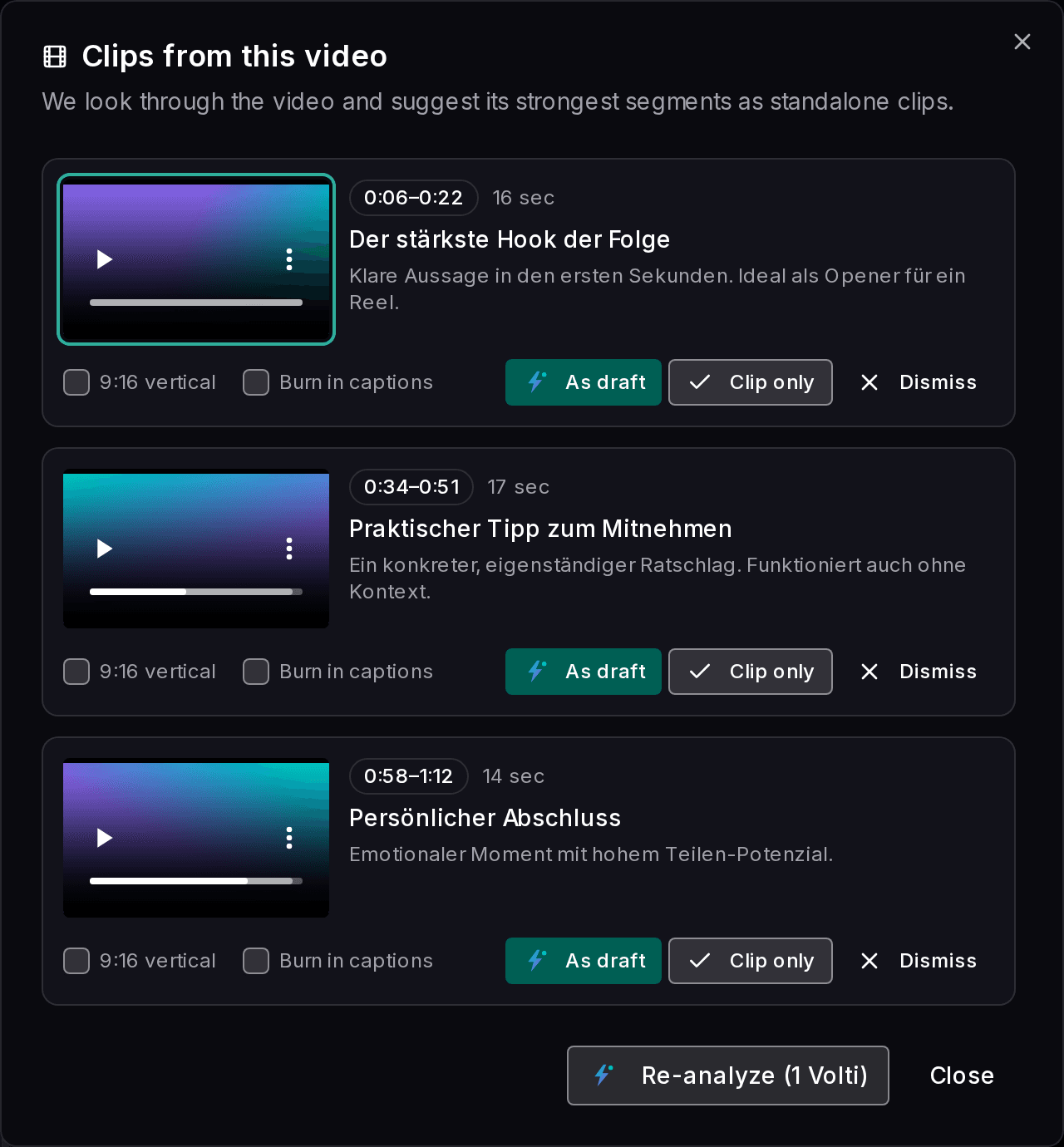 Impulio media library showing an uploaded long-form video and a list of suggested clip segments