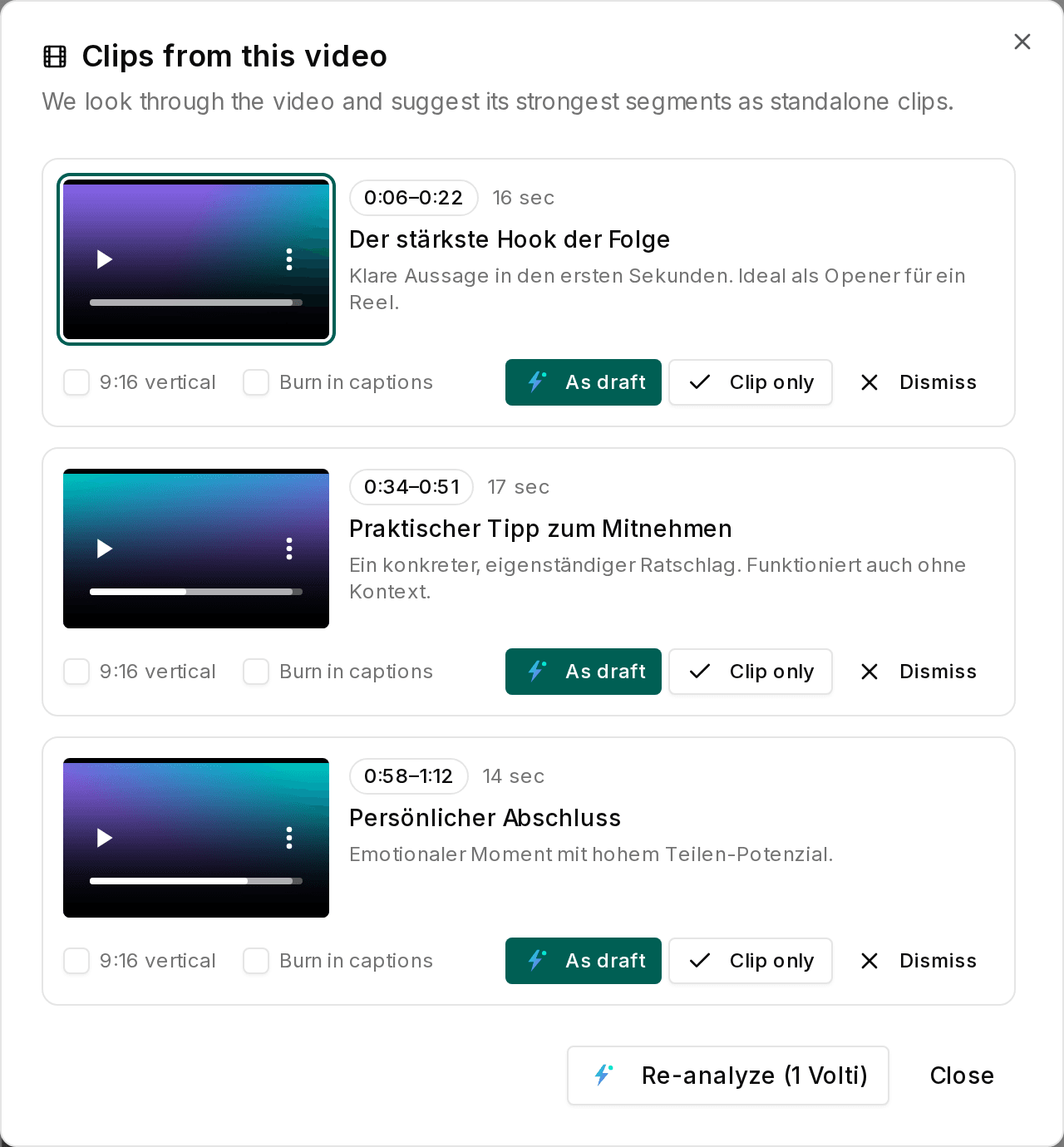 Impulio media library showing an uploaded long-form video and a list of suggested clip segments