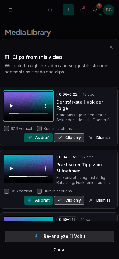 Impulio media library showing an uploaded long-form video and a list of suggested clip segments