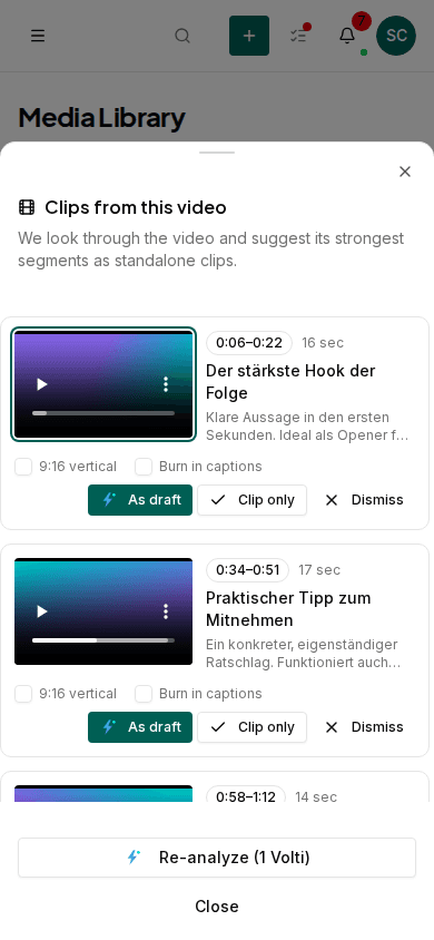 Impulio media library showing an uploaded long-form video and a list of suggested clip segments