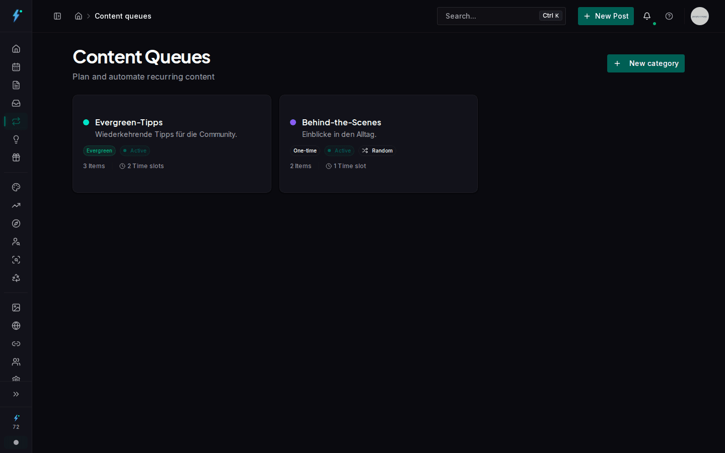 Impulio content queues for recurring posts, showing items and time slots