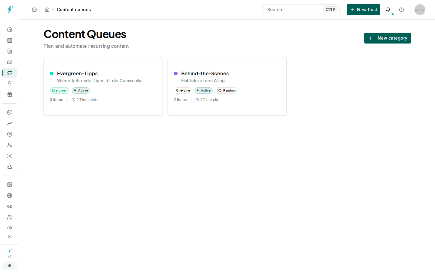 Impulio content queues for recurring posts, showing items and time slots