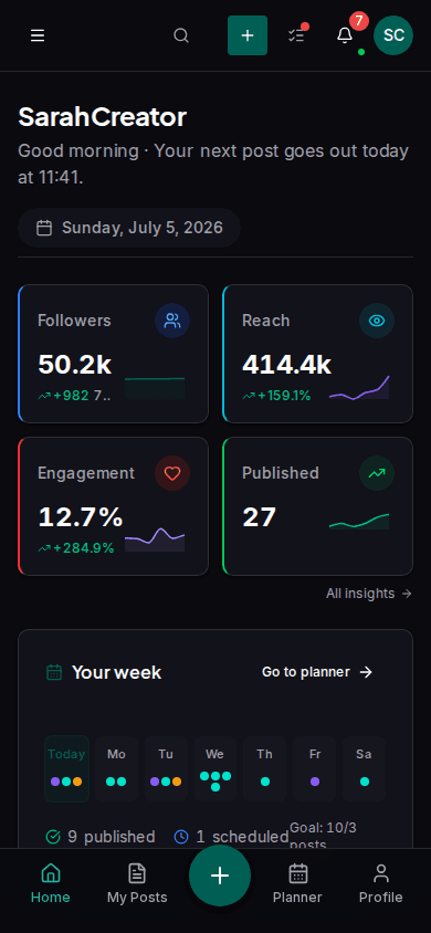 Impulio content calendar with scheduled posts for Instagram, TikTok and LinkedIn