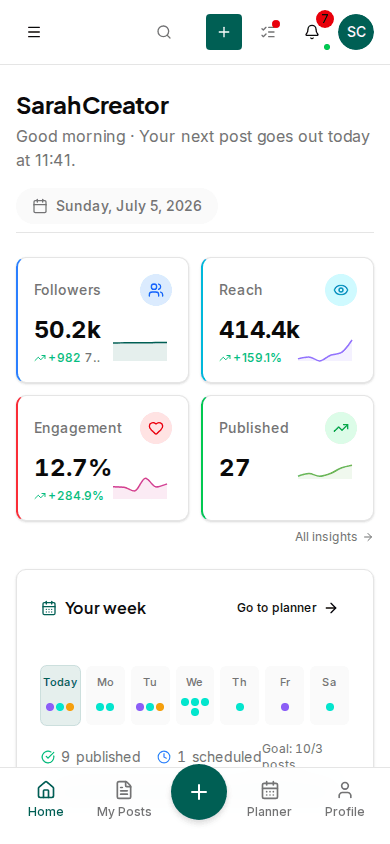 Impulio content calendar with scheduled posts for Instagram, TikTok and LinkedIn