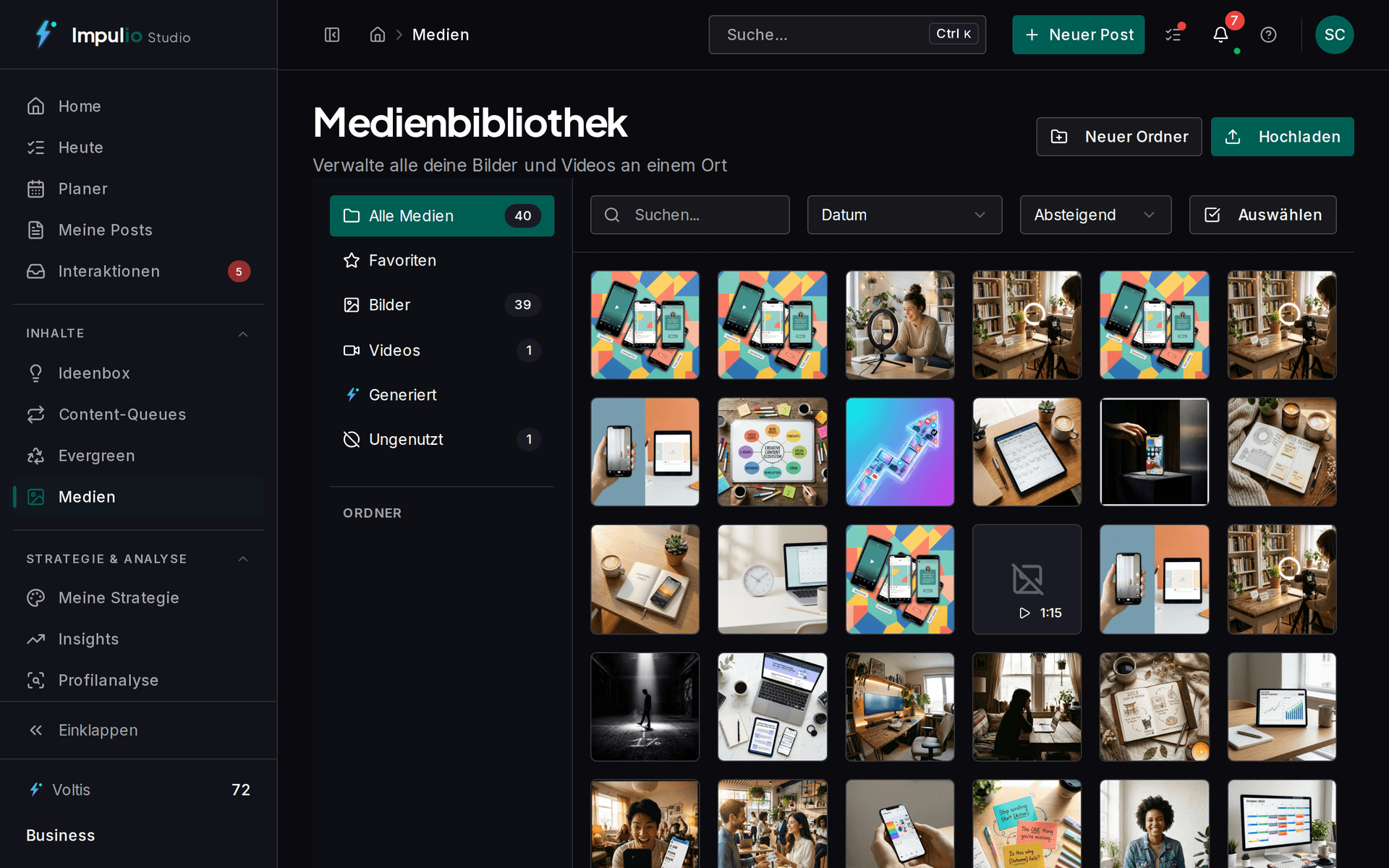Mediathek von Impulio mit einem hochgeladenen Langform-Video und einer Liste vorgeschlagener Clip-Abschnitte