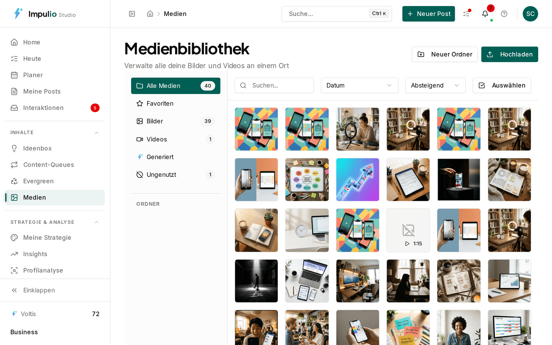 Mediathek von Impulio mit einem hochgeladenen Langform-Video und einer Liste vorgeschlagener Clip-Abschnitte