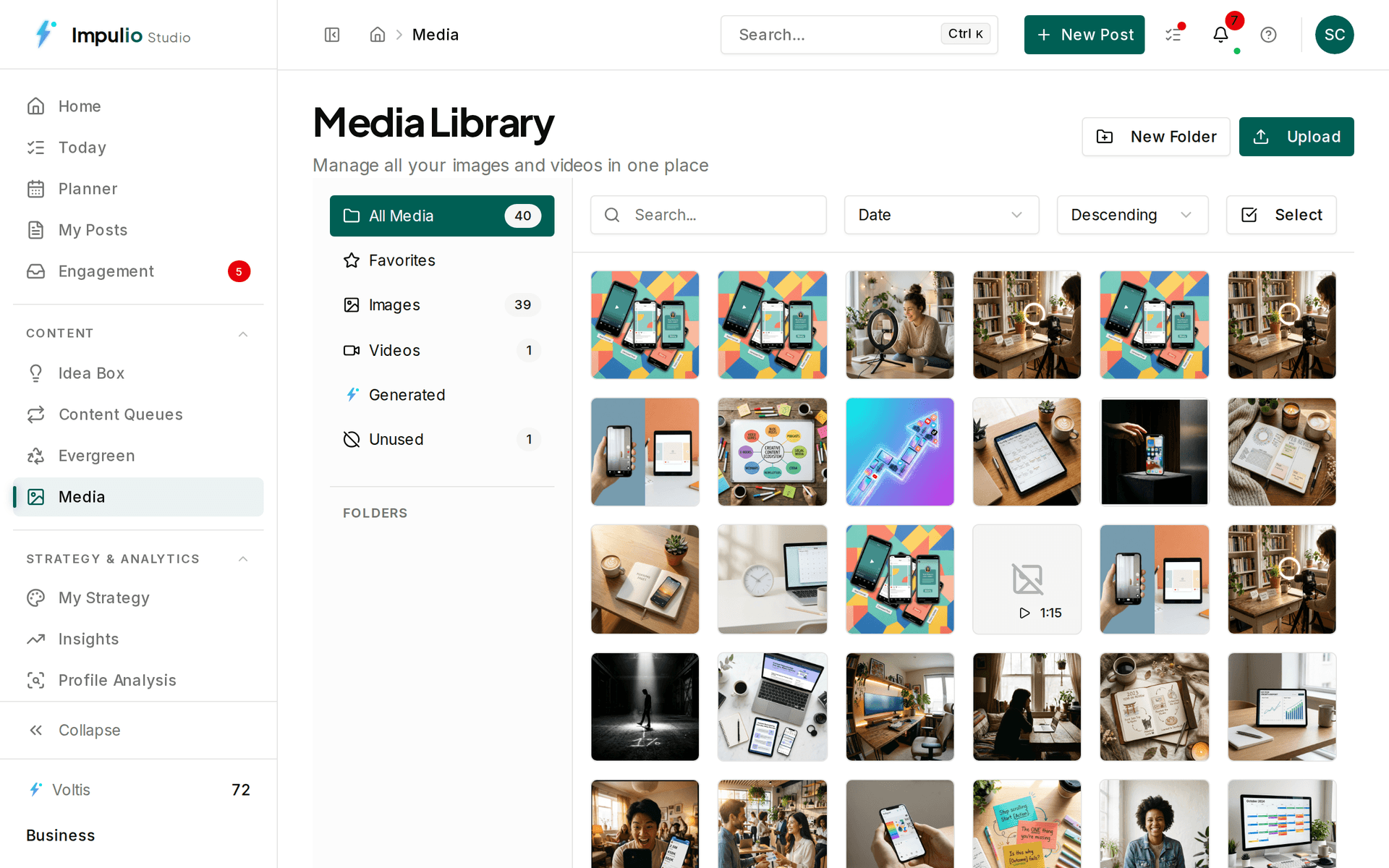 Impulio media library showing an uploaded long-form video and a list of suggested clip segments