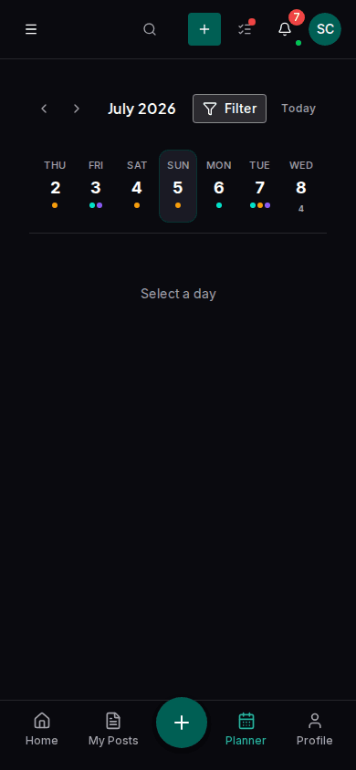 Impulio weekly content calendar with scheduled posts across multiple platforms