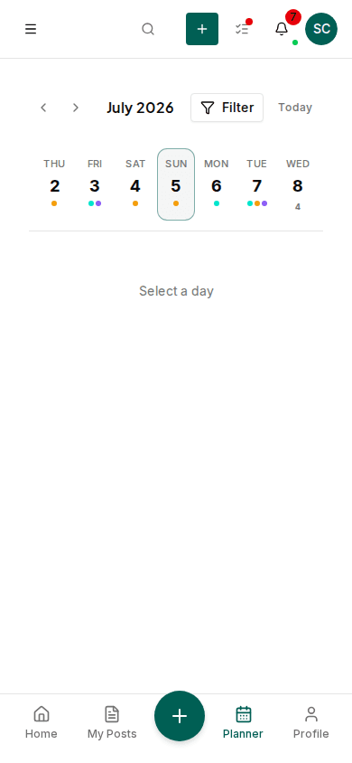 Impulio weekly content calendar with scheduled posts across multiple platforms