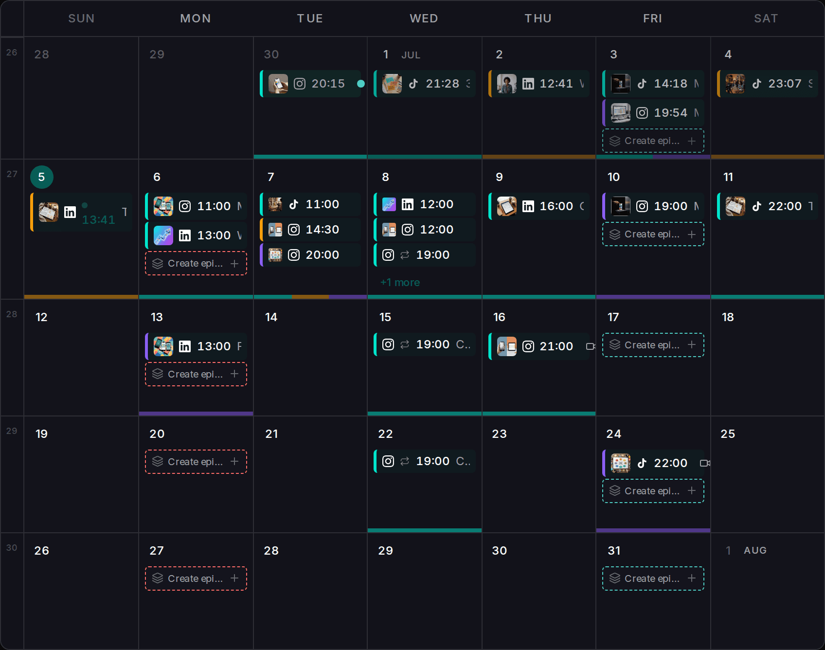 Impulio content calendar with scheduled posts for Instagram, TikTok and LinkedIn