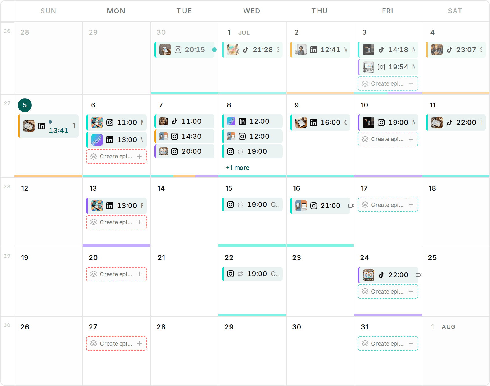 Impulio content calendar with scheduled posts for Instagram, TikTok and LinkedIn