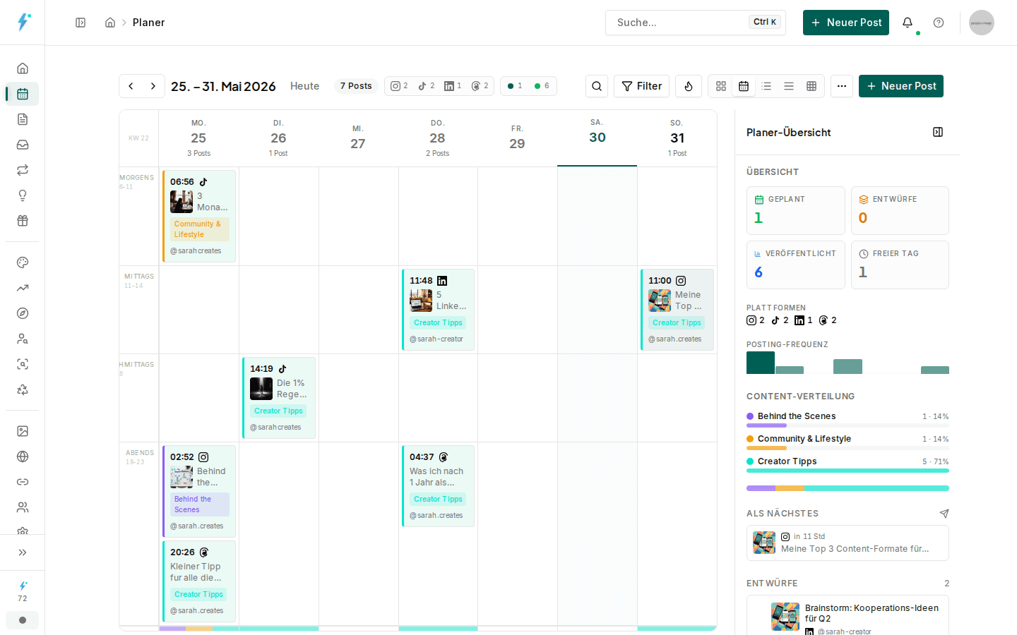 Wochenansicht des Impulio Content-Planers mit Posts farbig markiert nach Content-Säule