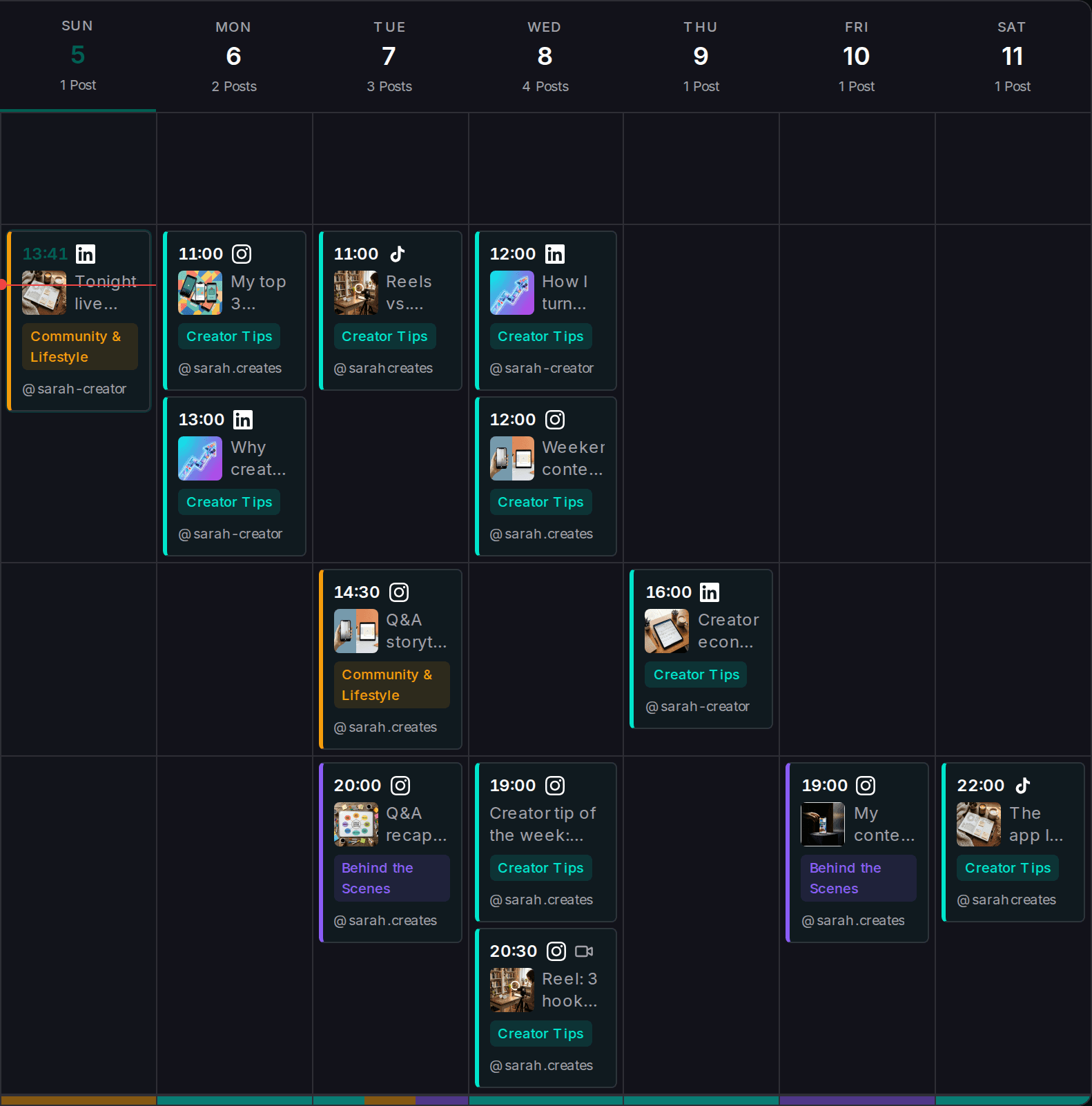Impulio weekly content calendar with scheduled posts across multiple platforms