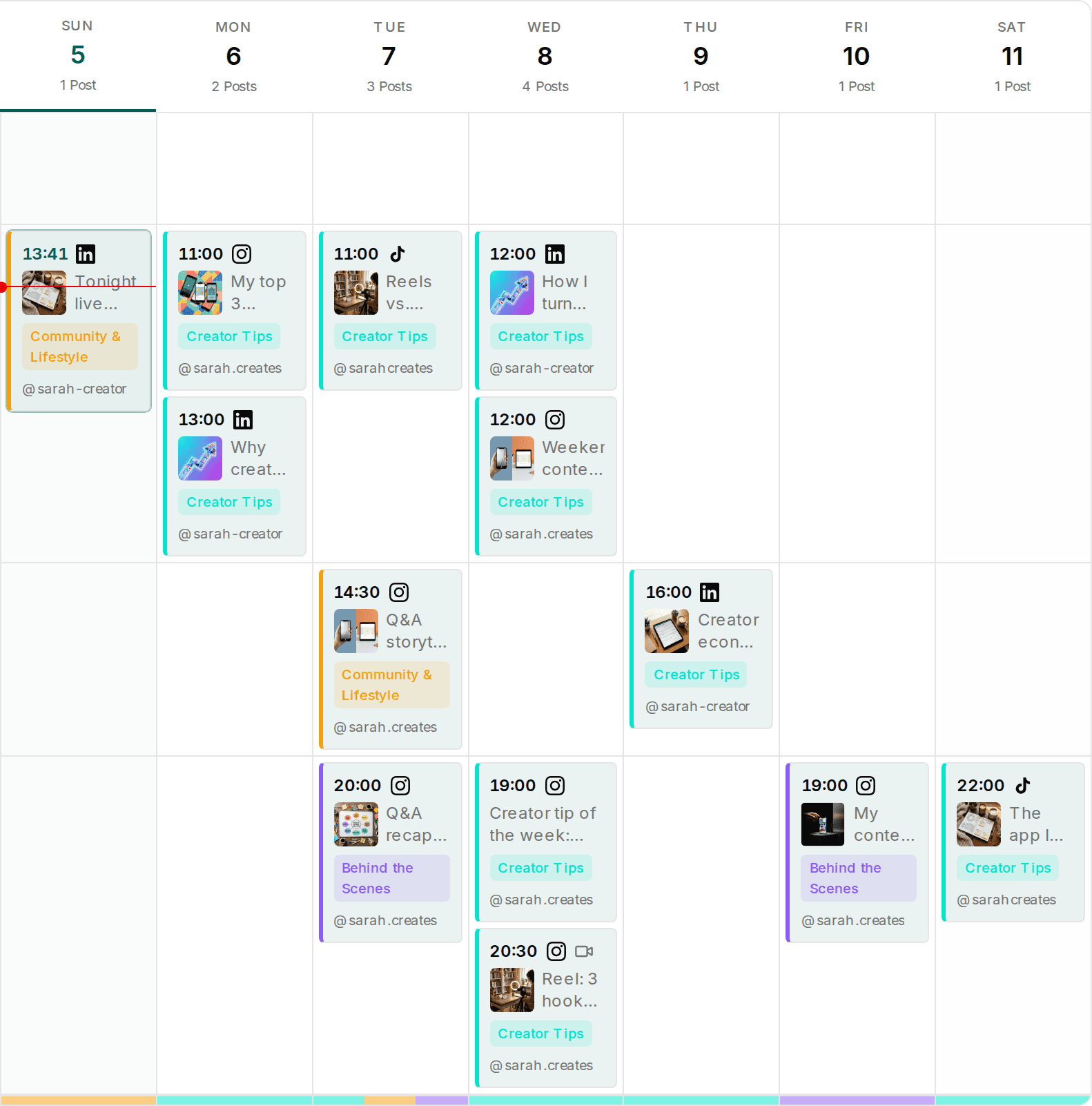 Impulio weekly content calendar with scheduled posts across multiple platforms