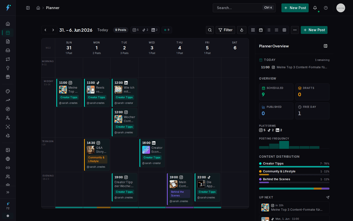 Weekly view of Impulio's content planner with posts color-coded by content pillar
