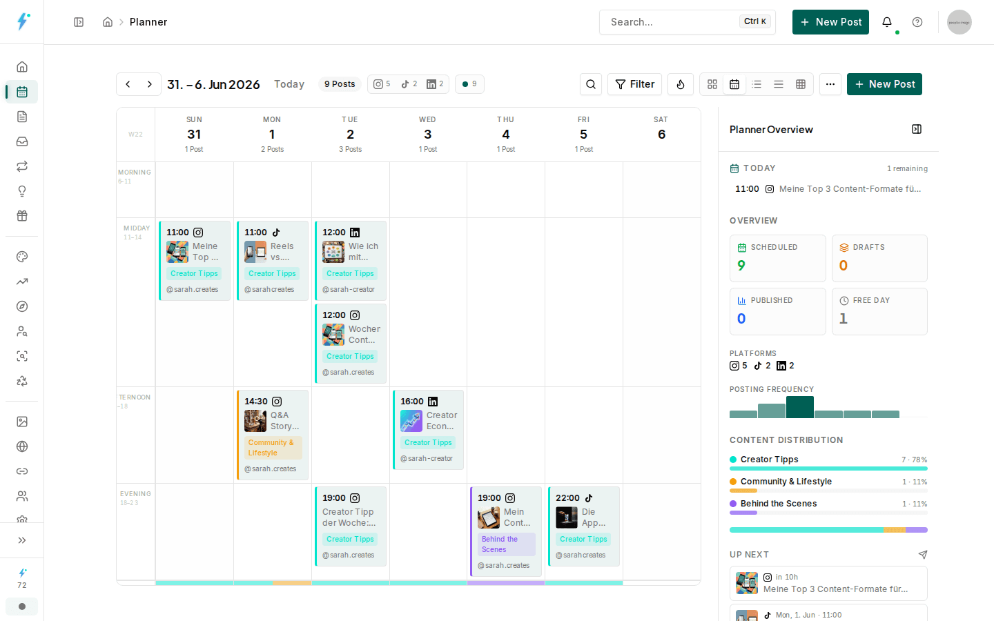 Weekly view of Impulio's content planner with posts color-coded by content pillar