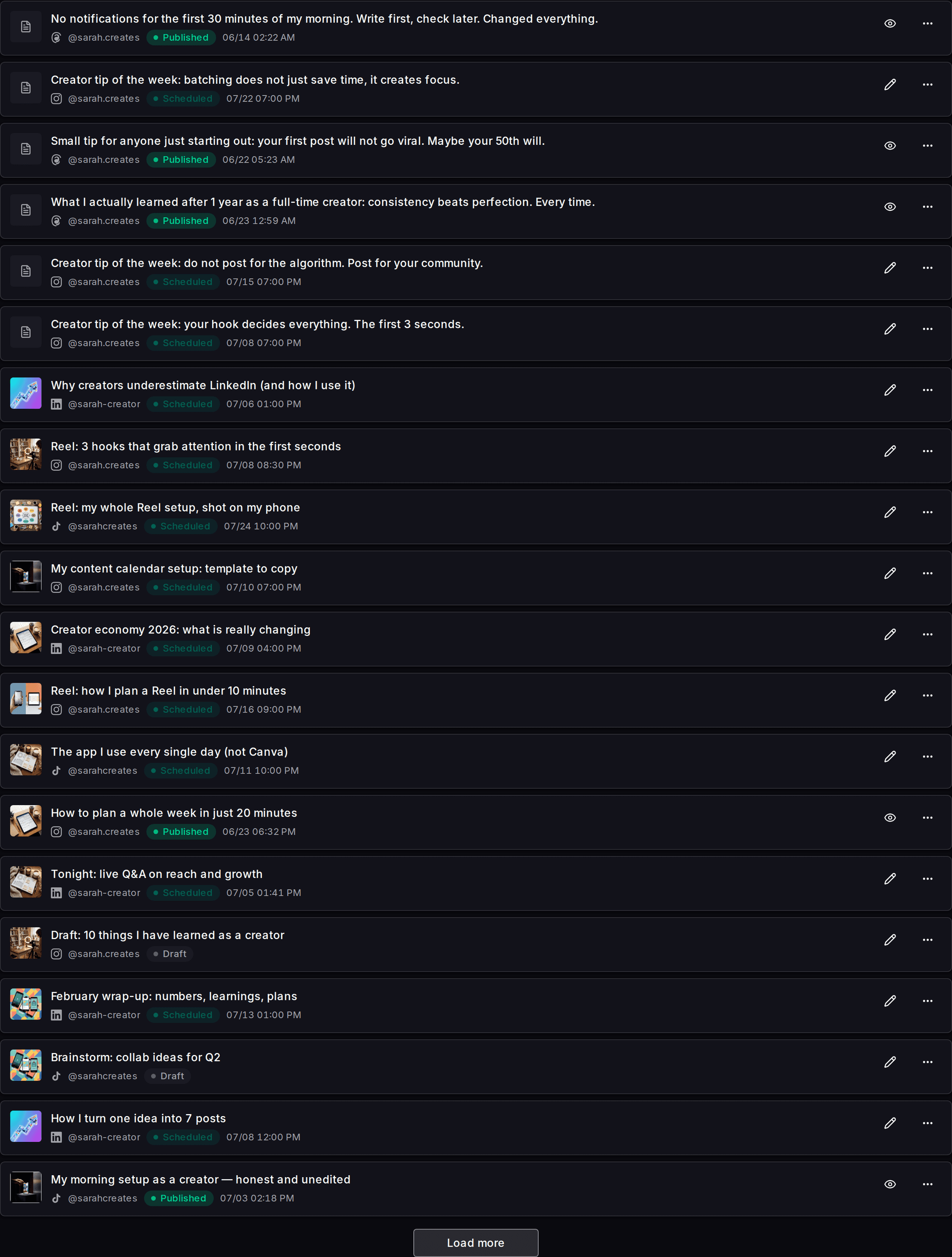 Impulio post overview showing drafts, scheduled and published content in one view