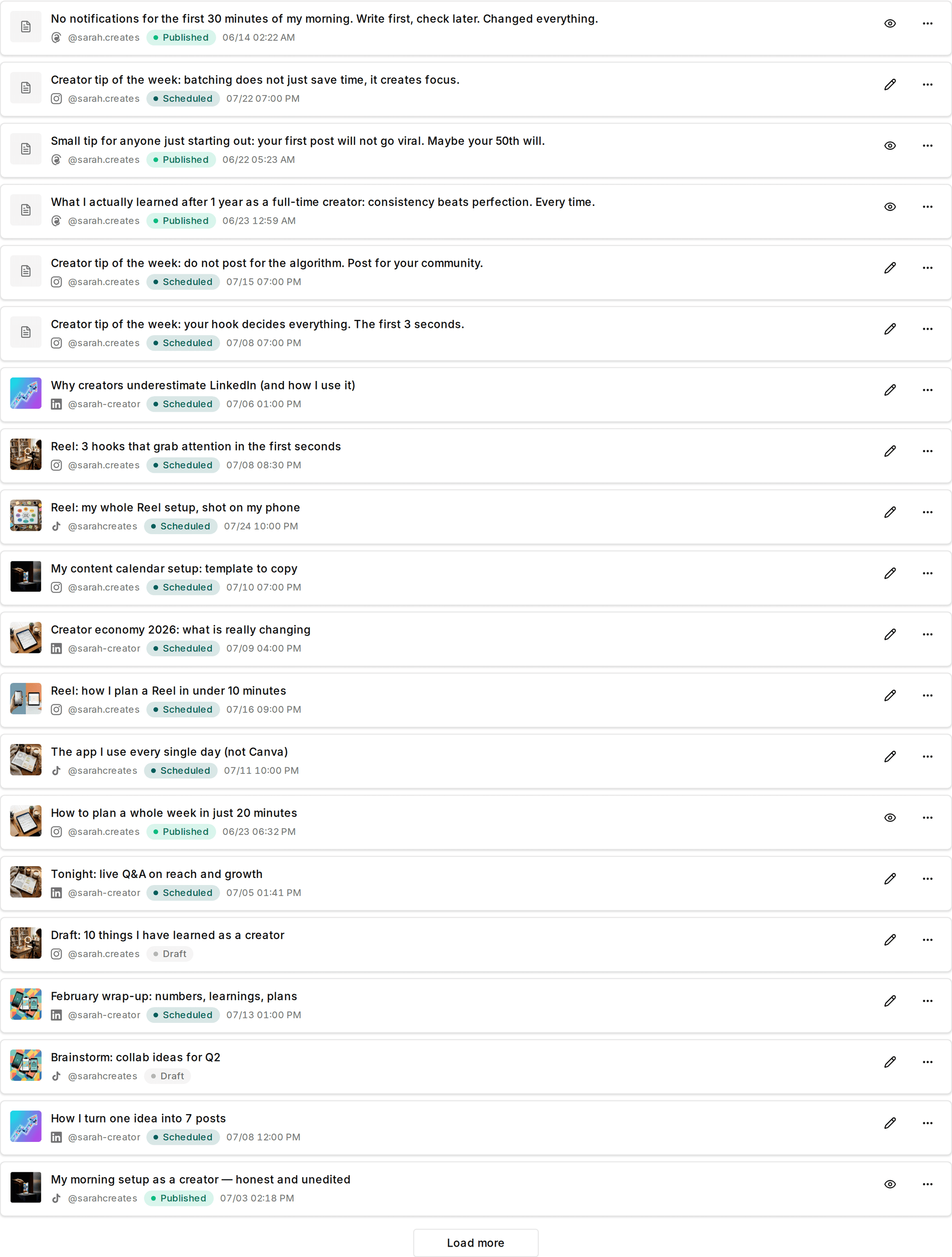 Impulio post overview showing drafts, scheduled and published content in one view