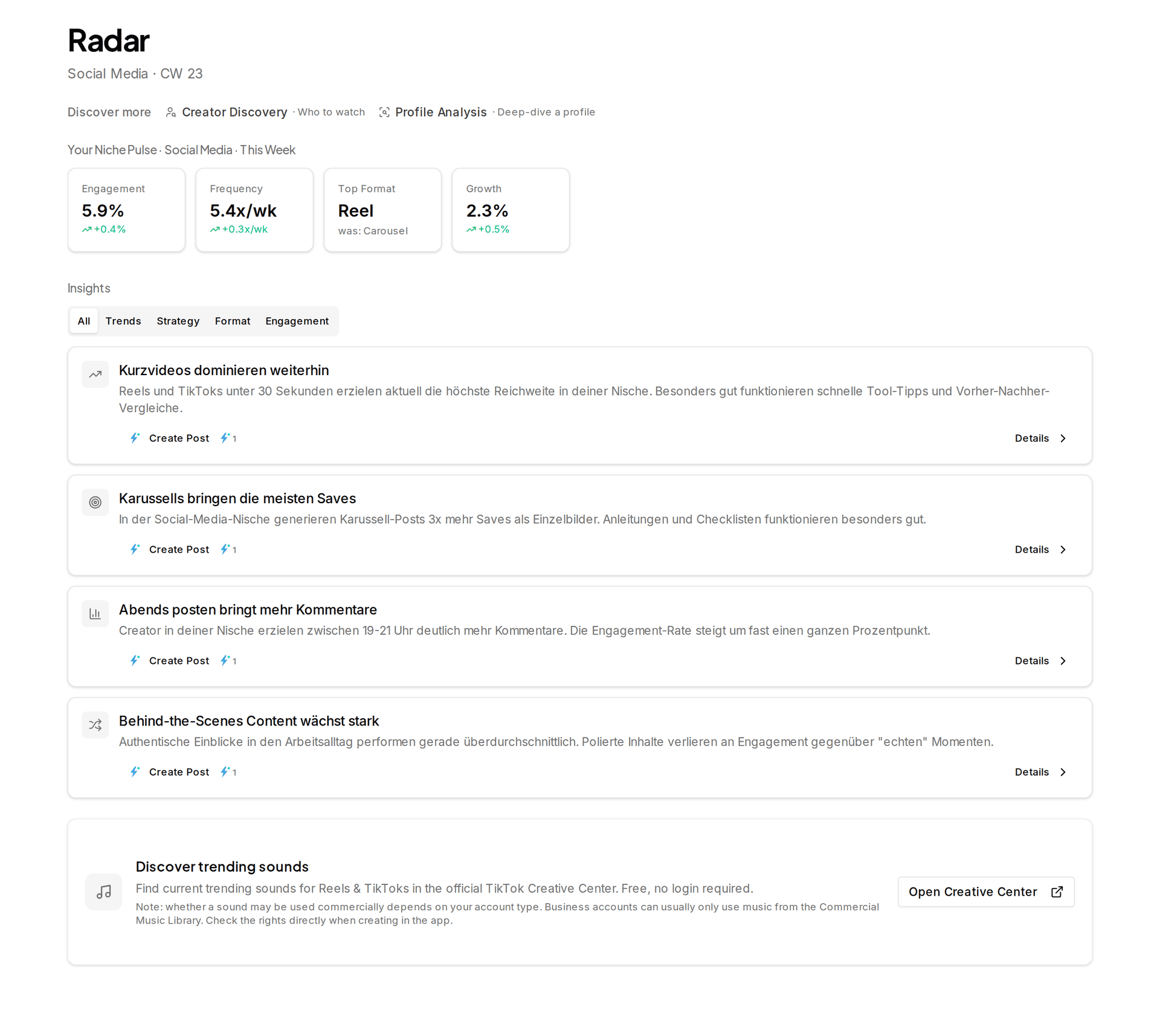 Radar with niche trends and insights in Impulio