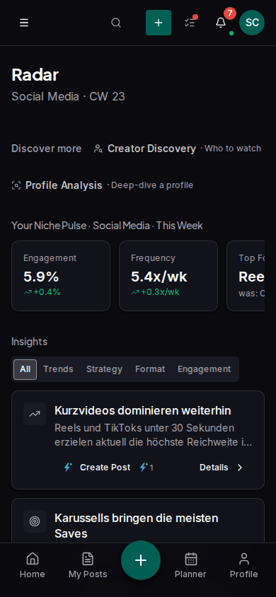 Trend Radar in Impulio showing a list of trending topics for your own niche, each with a button to save it as an idea.