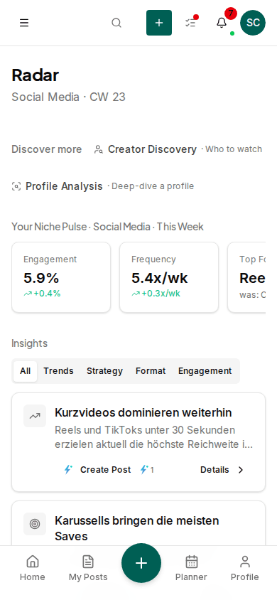 Trend Radar in Impulio showing a list of trending topics for your own niche, each with a button to save it as an idea.