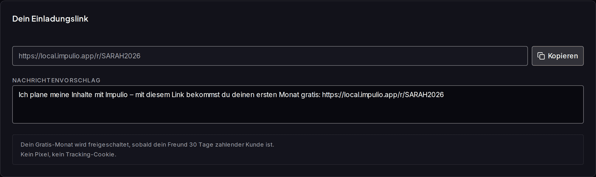 Impulio Empfehlungs-Dashboard mit persönlichem Einladungslink