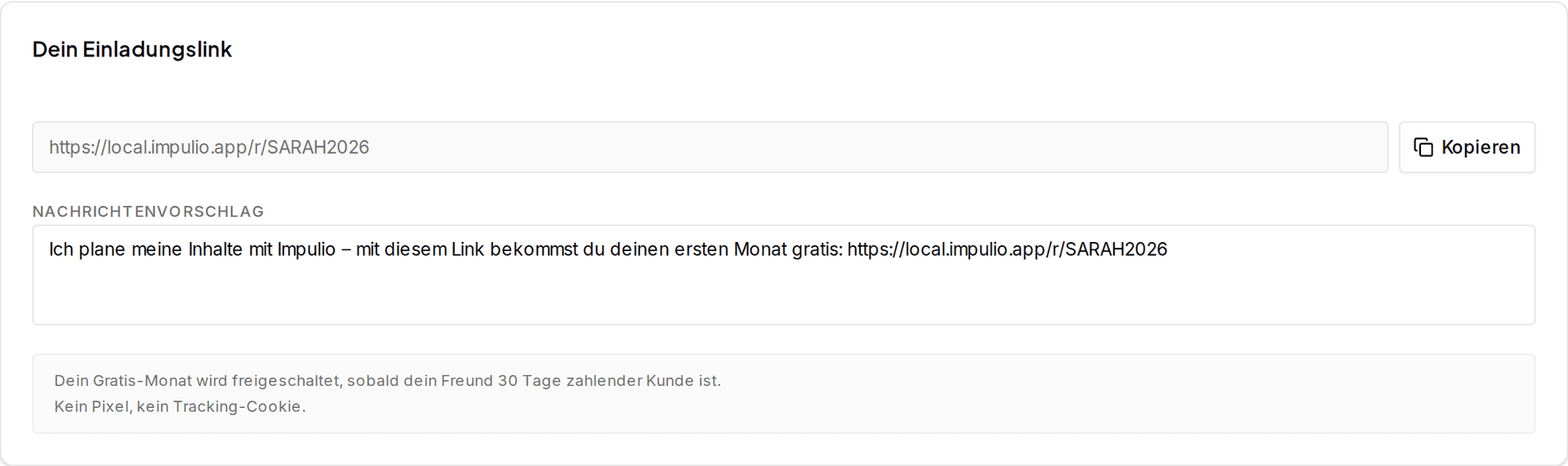 Impulio Empfehlungs-Dashboard mit persönlichem Einladungslink