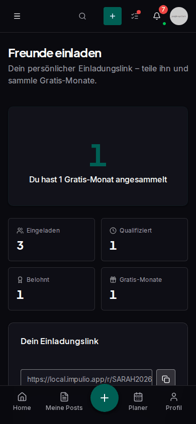 Impulio Empfehlungs-Dashboard mit persönlichem Einladungslink