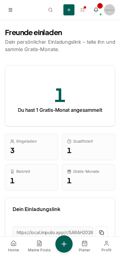 Impulio Empfehlungs-Dashboard mit persönlichem Einladungslink
