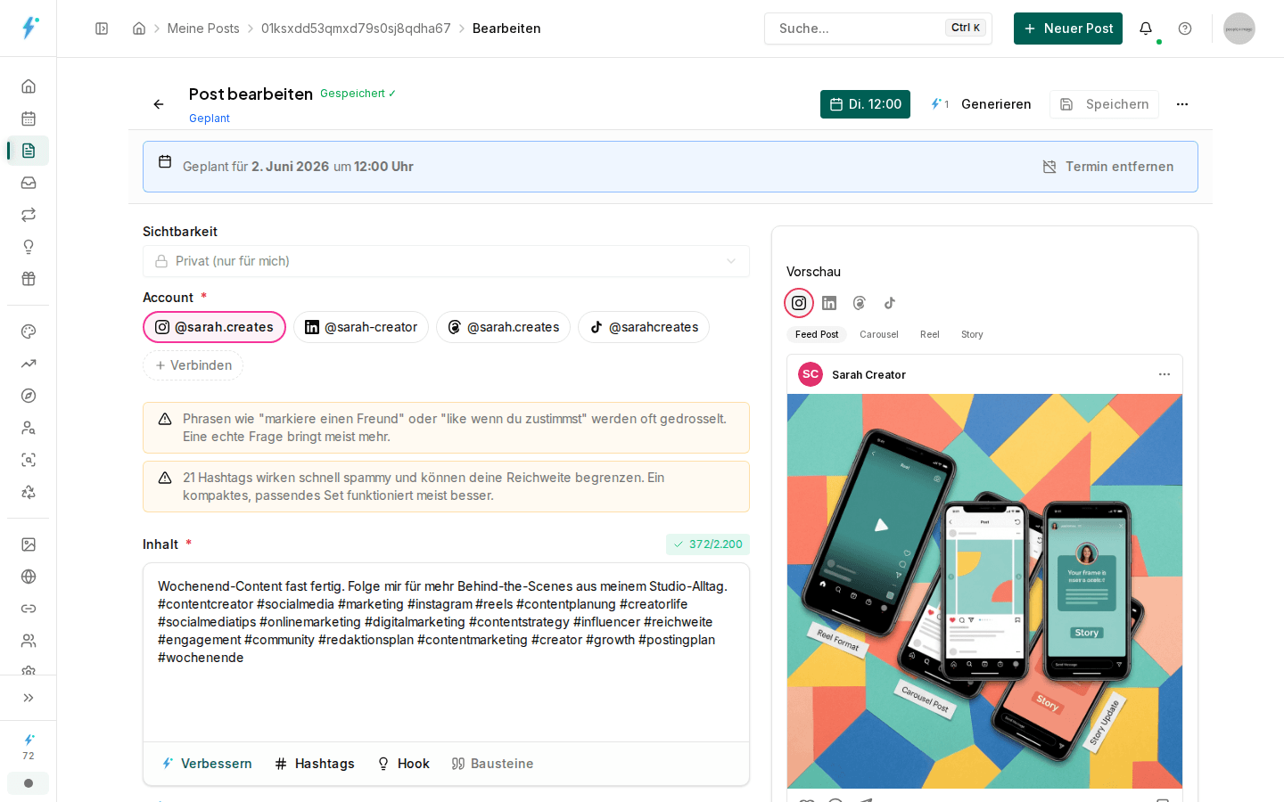 Pre-Publish-Check mit Warnungen und Limit-Übersicht