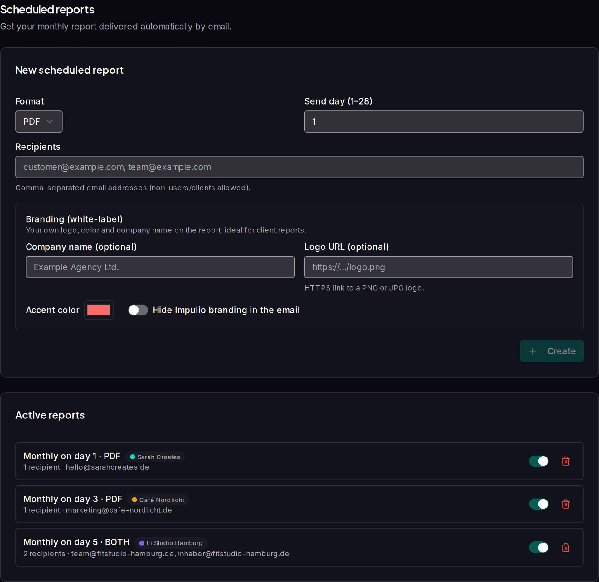 Report editor with white-label branding and active client reports