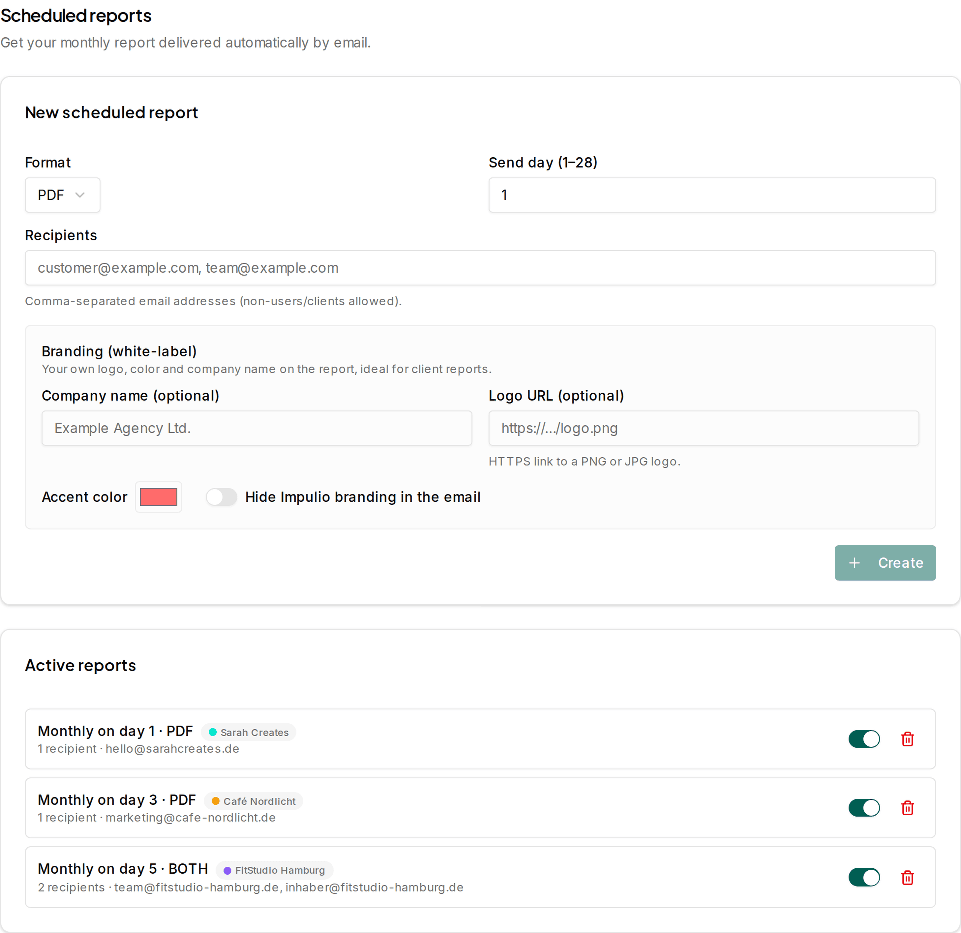 Report editor with white-label branding and active client reports